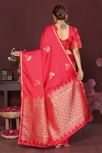 reddish pink Satin silk floral print zari weaving banarasi saree