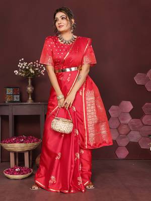 reddish pink Satin silk floral print zari weaving banarasi saree 5