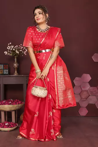 reddish pink Satin silk floral print zari weaving banarasi saree