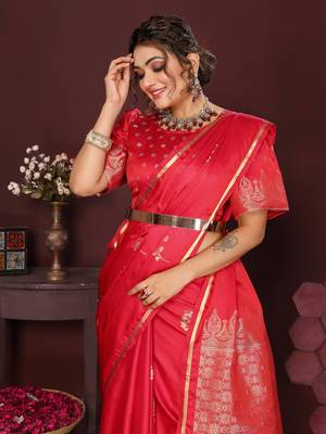 reddish pink Satin silk floral print zari weaving banarasi saree 6