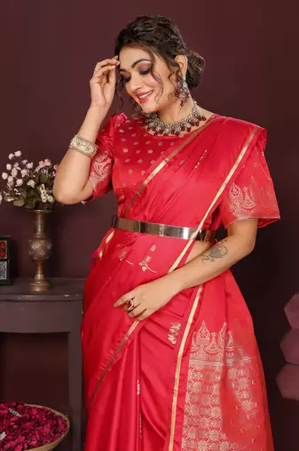 reddish pink Satin silk floral print zari weaving banarasi saree