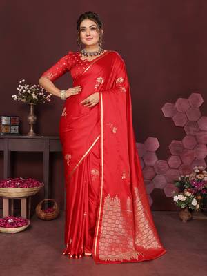 red Satin silk floral print zari weaving banarasi saree 1