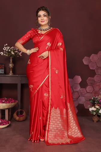 red Satin silk floral print zari weaving banarasi saree