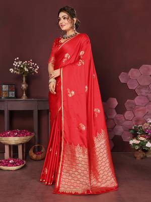 red Satin silk floral print zari weaving banarasi saree 3