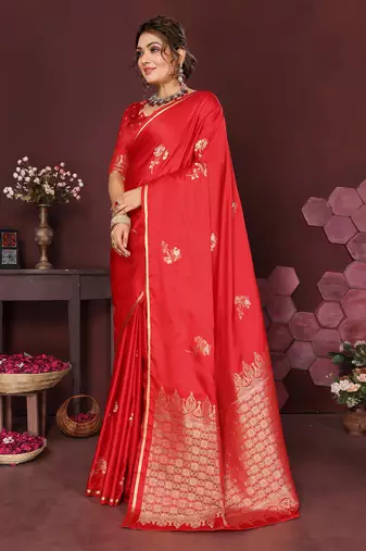 red Satin silk floral print zari weaving banarasi saree