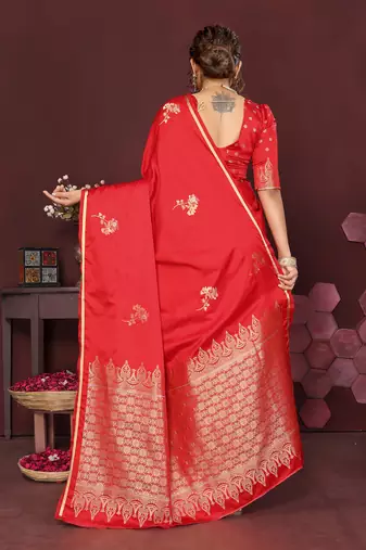 red Satin silk floral print zari weaving banarasi saree