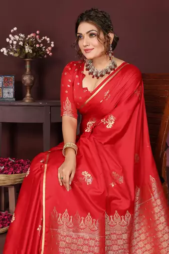 red Satin silk floral print zari weaving banarasi saree