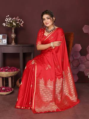 red Satin silk floral print zari weaving banarasi saree 6
