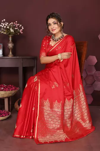 red Satin silk floral print zari weaving banarasi saree