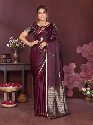 wine Satin silk floral print zari weaving banarasi saree 1