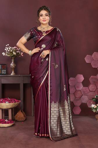 wine Satin silk floral print zari weaving banarasi saree