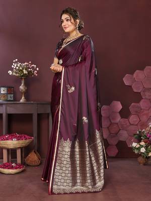 wine Satin silk floral print zari weaving banarasi saree 3