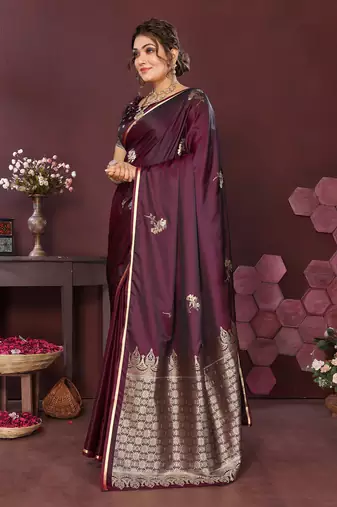 wine Satin silk floral print zari weaving banarasi saree