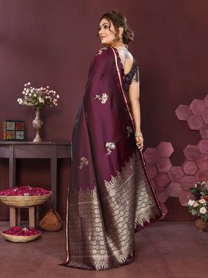 wine Satin silk floral print zari weaving banarasi saree 4