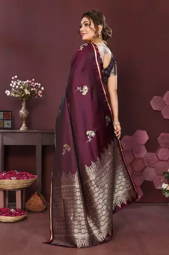 wine Satin silk floral print zari weaving banarasi saree
