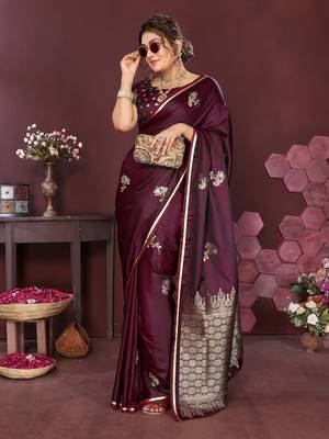 wine Satin silk floral print zari weaving banarasi saree 5