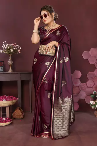 wine Satin silk floral print zari weaving banarasi saree