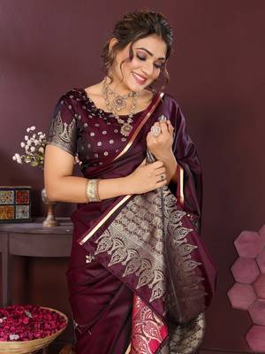 wine Satin silk floral print zari weaving banarasi saree 6