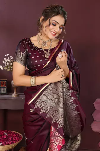 wine Satin silk floral print zari weaving banarasi saree