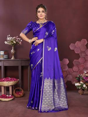 indigo blue Satin silk floral print zari weaving banarasi saree 1