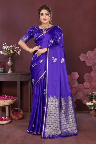 indigo blue Satin silk floral print zari weaving banarasi saree