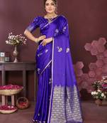 indigo blue Satin silk floral print zari weaving banarasi saree