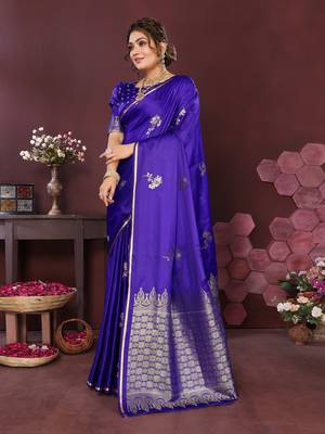 indigo blue Satin silk floral print zari weaving banarasi saree 3