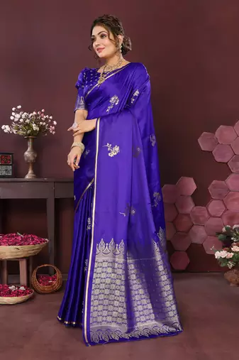 indigo blue Satin silk floral print zari weaving banarasi saree