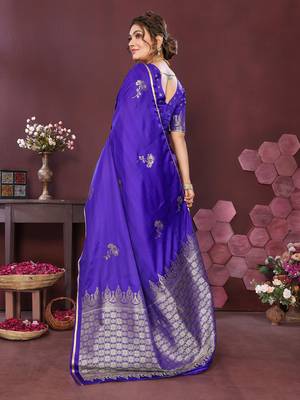 indigo blue Satin silk floral print zari weaving banarasi saree 4