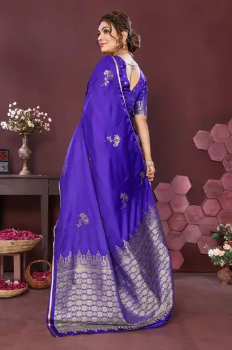 indigo blue Satin silk floral print zari weaving banarasi saree