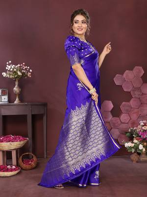 indigo blue Satin silk floral print zari weaving banarasi saree 5