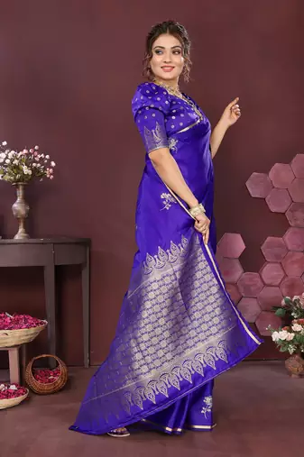 indigo blue Satin silk floral print zari weaving banarasi saree