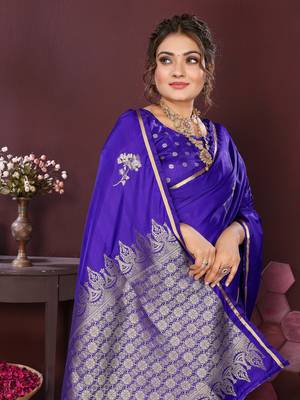 indigo blue Satin silk floral print zari weaving banarasi saree 6