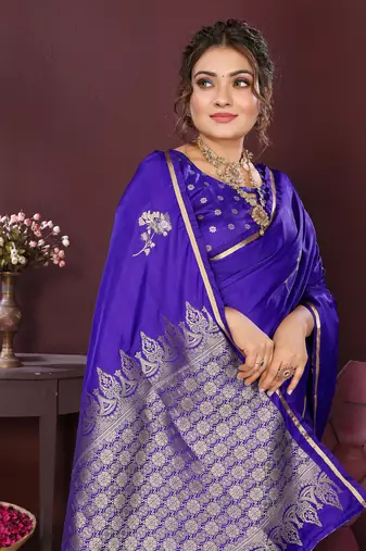 indigo blue Satin silk floral print zari weaving banarasi saree
