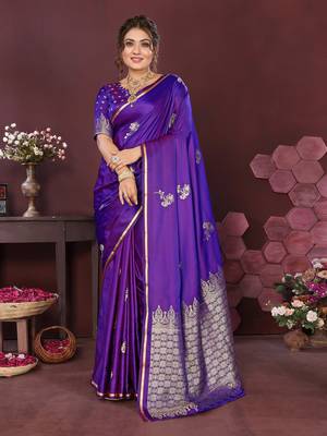 rich purple Satin silk floral print zari weaving banarasi saree 1
