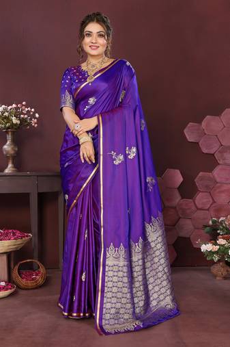 rich purple Satin silk floral print zari weaving banarasi saree