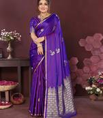 rich purple Satin silk floral print zari weaving banarasi saree