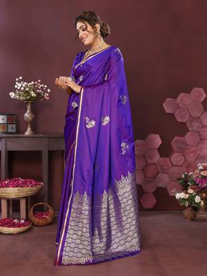 rich purple Satin silk floral print zari weaving banarasi saree 3