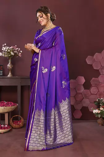 rich purple Satin silk floral print zari weaving banarasi saree