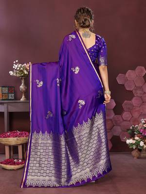 rich purple Satin silk floral print zari weaving banarasi saree 4