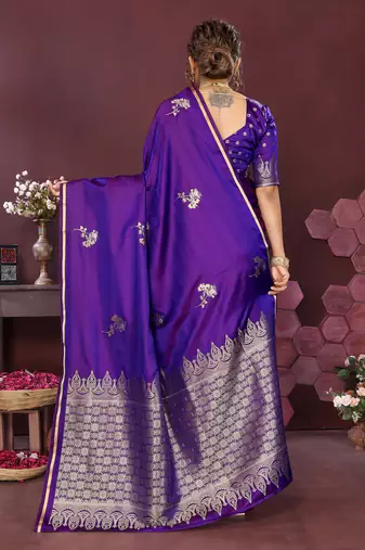 rich purple Satin silk floral print zari weaving banarasi saree