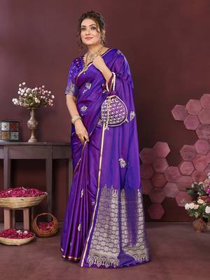 rich purple Satin silk floral print zari weaving banarasi saree 5