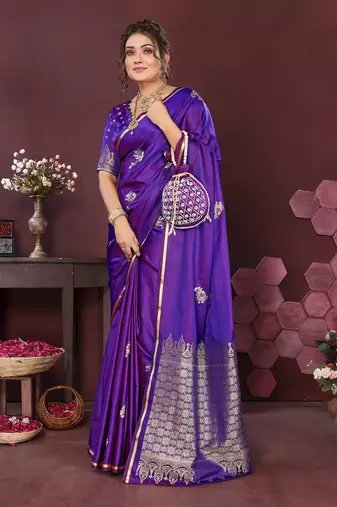 rich purple Satin silk floral print zari weaving banarasi saree