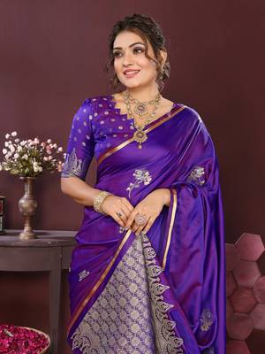rich purple Satin silk floral print zari weaving banarasi saree 6