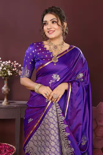 rich purple Satin silk floral print zari weaving banarasi saree