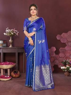 blue Satin silk floral print zari weaving banarasi saree 1