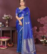 blue Satin silk floral print zari weaving banarasi saree