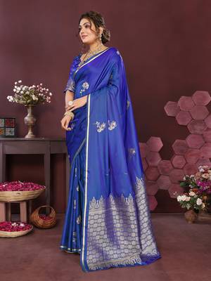 blue Satin silk floral print zari weaving banarasi saree 3