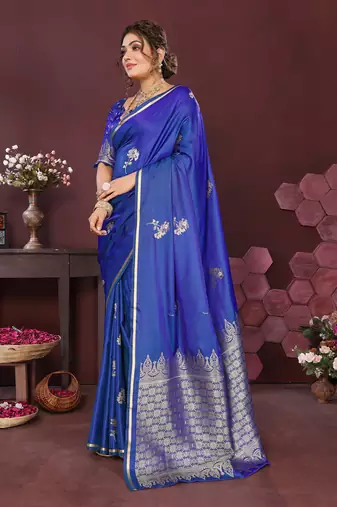 blue Satin silk floral print zari weaving banarasi saree