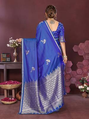 blue Satin silk floral print zari weaving banarasi saree 4